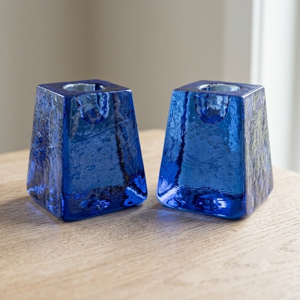 Pair‎ Fire and Light Cobalt Blue Recycled Glass Taper Candle Holders Signed 2.5"
